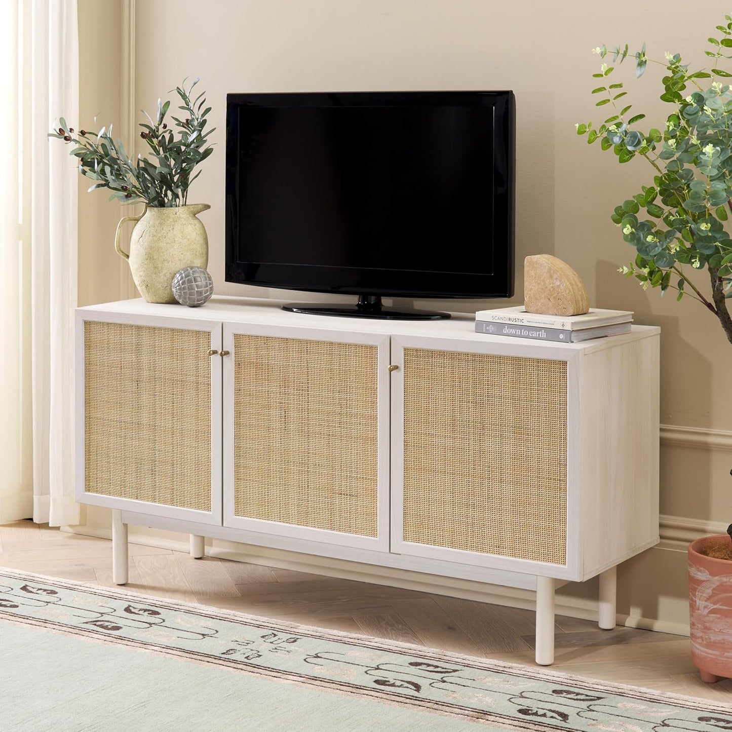 SAFAVIEH Aino TV Stand for up to 60" Flatscreen – Bleached White with Natural Rattan Mesh, 3 Doors with Interior Storage, Sideboard Cabinet, Entertainment Media Console (MED9618C)