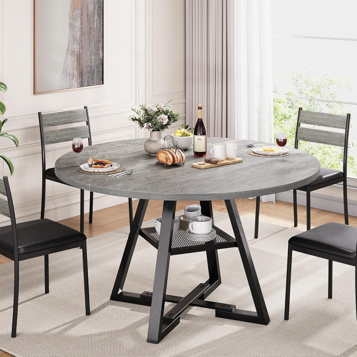 Round Dining Table for 4,Kitchen Dining Room Circle Dinner Pedestal Table,Space Saving Wood Kitchen & Dining Room Furniture, 42In,Grey