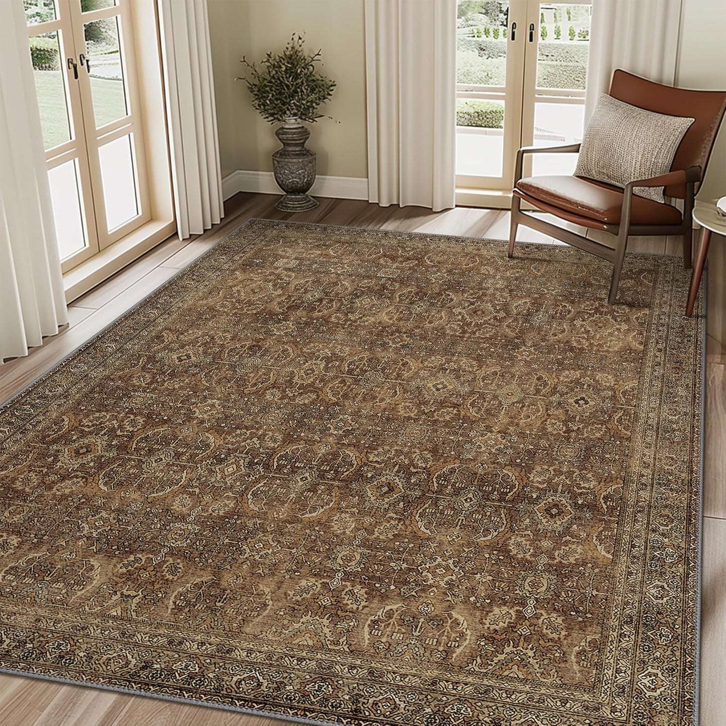 10X14 Area Rugs Machine Washable Rugs for Living Room, Vintage Boho Large Rugs for Bedroom Dining Room, Non Slip Indoor Soft Distressed Lightweight Thin Low Pile Carpet, Rustic Brown