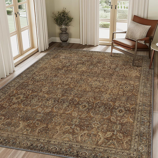 10X14 Area Rugs Machine Washable Rugs for Living Room, Vintage Boho Large Rugs for Bedroom Dining Room, Non Slip Indoor Soft Distressed Lightweight Thin Low Pile Carpet, Rustic Brown
