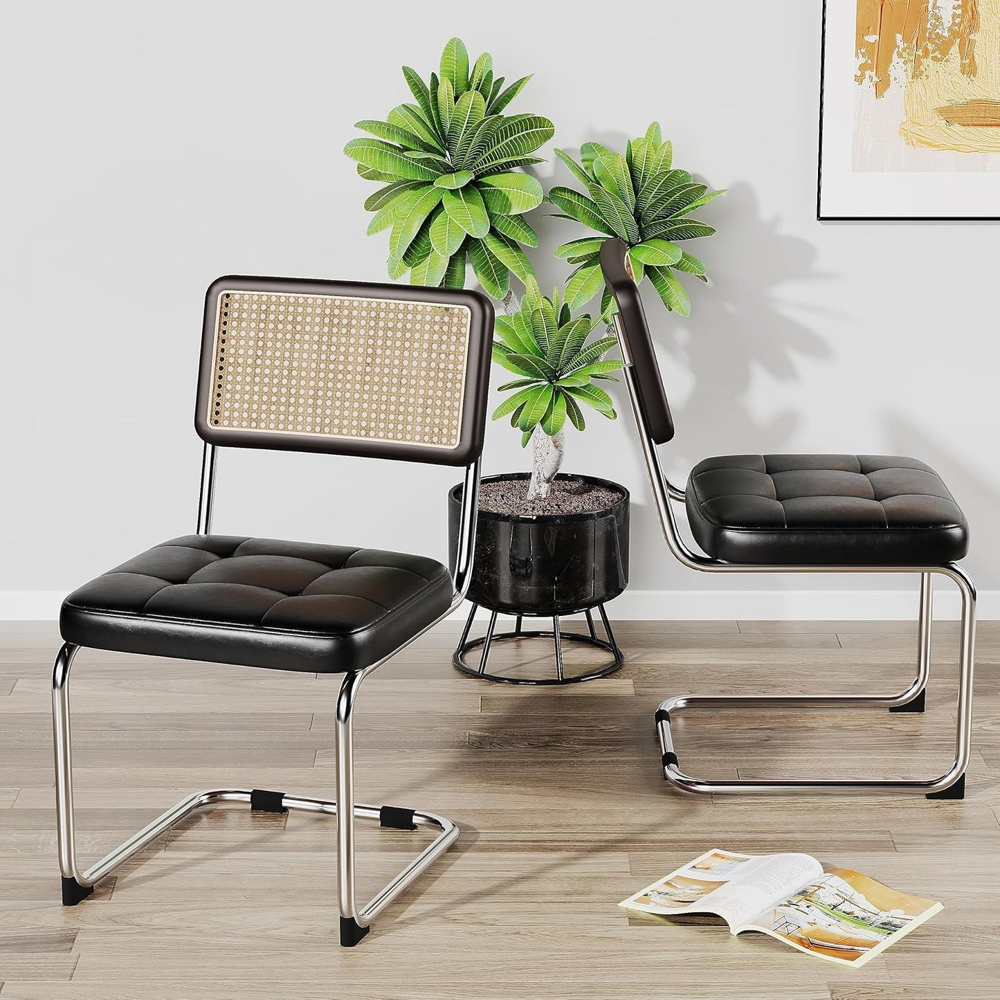 Rattan Dining Chairs Set of 2 Mid Century Modern Kitchen Chairs with Natural Rattan Backrest Oak Frame and Upholstered Pu Seat Chairs with Metal Legs, Black
