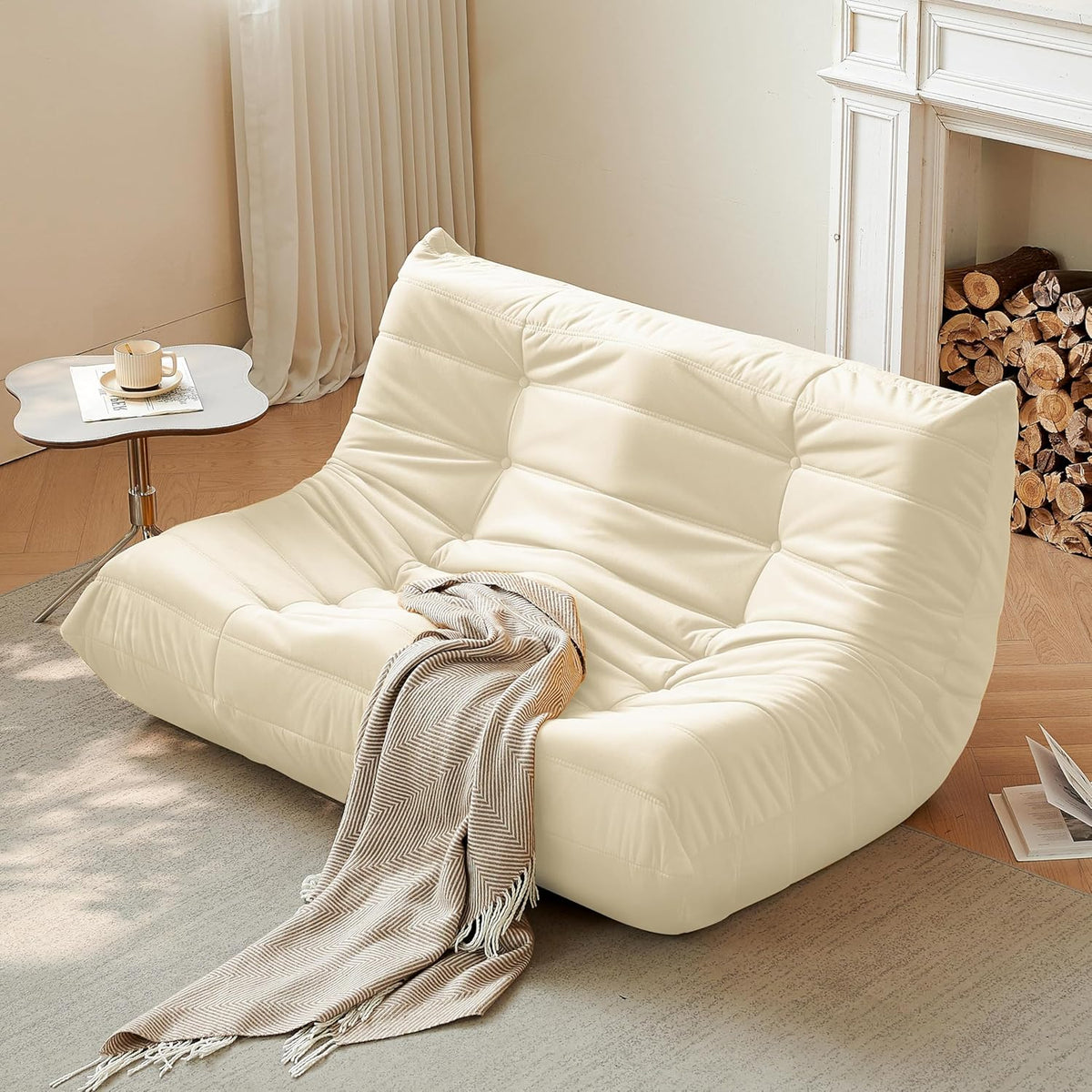Bean Bag Chair, Loveseat Fireside Chair Bean Bag Sofa for Adults, 2 Seater Bean Bag Chairs for Teens with High-Resilience Foam, Memory Foam Bean Bag for Living Room, Bedroom, Office (Suede, Beige)