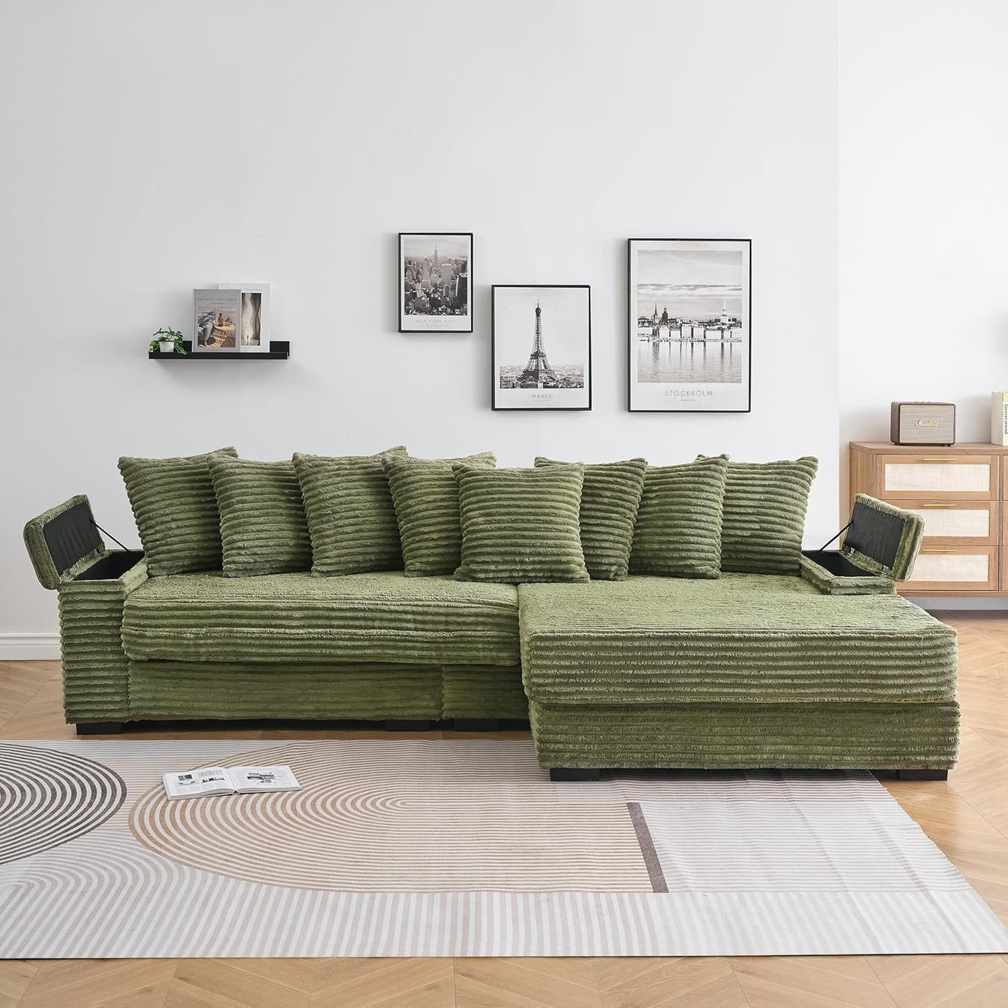 KEIKI 114" Corduroy Sofa with Cup Holders & Storage, L Shaped Sleeper Cloud Couch Set w/Reversible Chaise Lounge, Living Room Oversized Upholstered SofaBed for Apartment, Easy Assembly, Green
