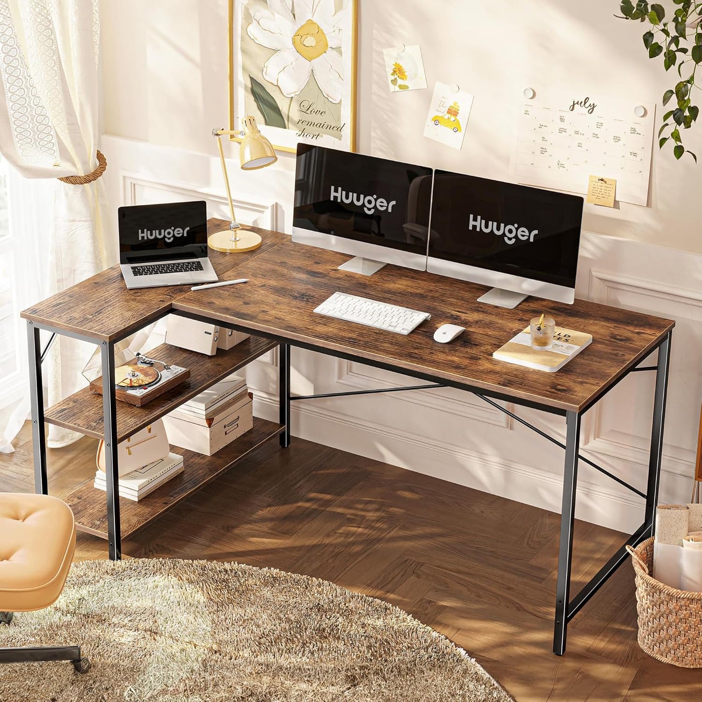 Huuger L Shaped Desk, 55 Inches Computer Desk with Reversible Storage Shelves, for Gaming Corner Home Office Writing Study, Metal Frame, Rustic Brown