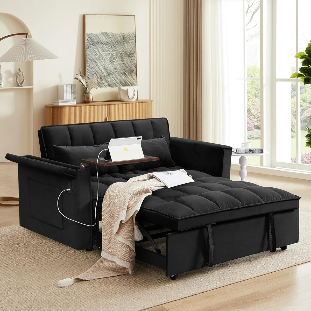 Ball & Cast 55" 3 in 1 Sleeper Sofa Bed Velvet Upholstered Pull Out Couch with Adjustable Back & 2 Pillows,Convertible Futon Sofa Bed W/Hidden Side Table,Side Pocket & USB Port,for Living Room,Black