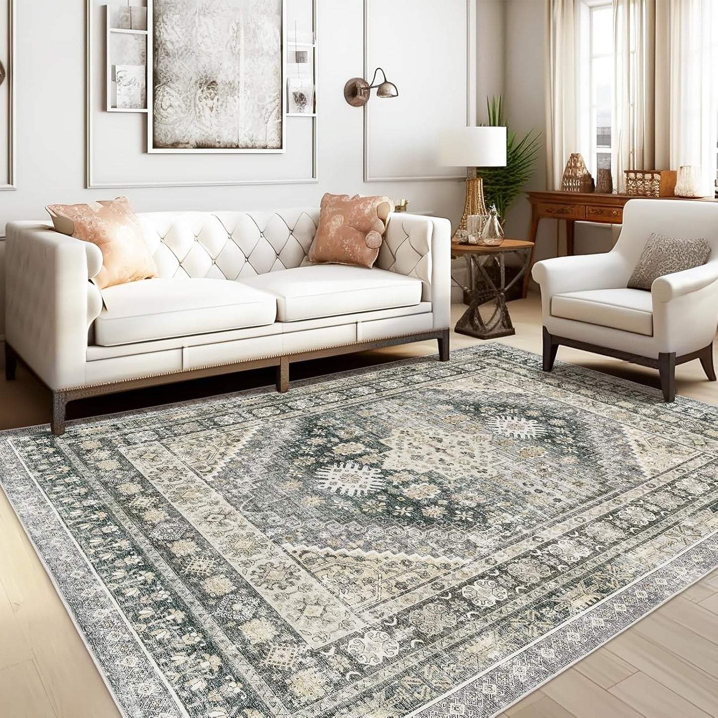 zesthome 6x9 Area Rug, Super Soft Washable Rugs for Living Room, Non-Slip Stain Resistant Vintage Rugs, Ultra-Thin Large Area Rugs (Wheat/Charcoal,6'x9')