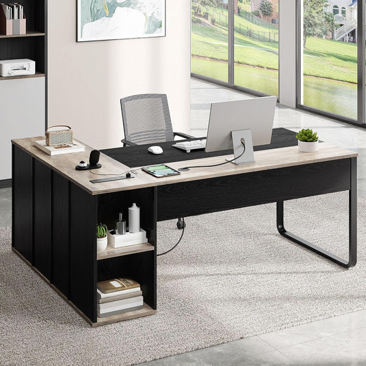 YITAHOME Executive Desk with Power Outlets, 71" L Shaped Desk with File Cabinet, Executive Desk with Drawers & Storage Shelves, Corner Office Desk with Bookshelf for Home Office, Grey & Black