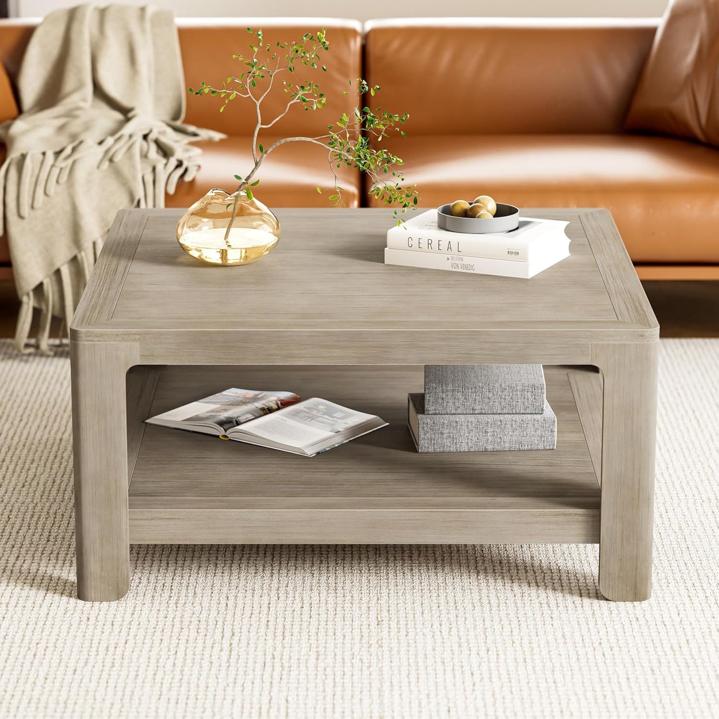 Christopher Knight Home Doran Small Coffee Table with Storage, Modern MDF Square Side Table, Multifunctional Accent Table with Spacious 2-tier Design, Semi-open Design Indoor Furniture, Light Grey Ash