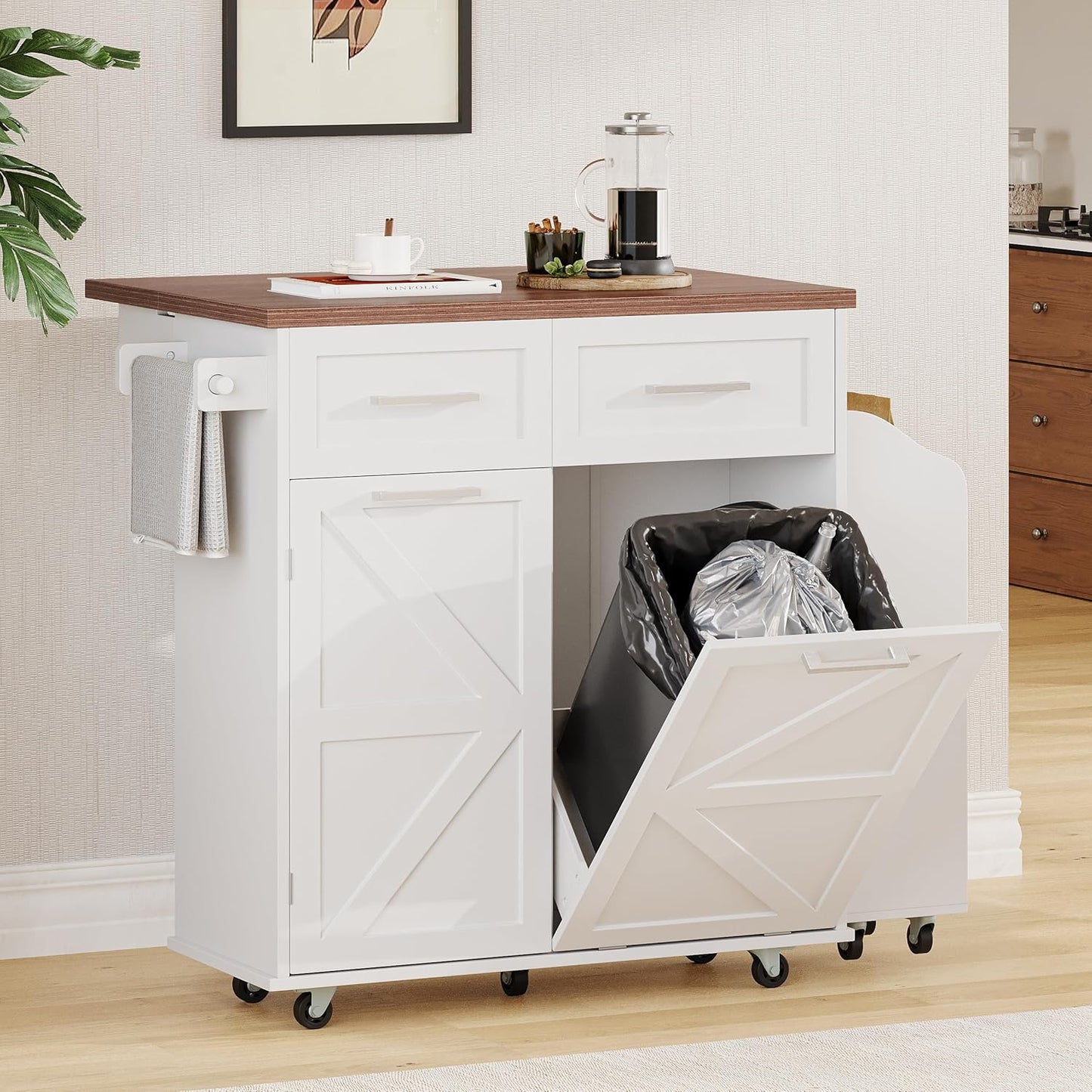 Ball & Cast Farmhouse Kitchen Island with Drop Leaf,Rolling Kitchen Cart on 5 Wheels W/Removable Side Racks and 2 Drawers,Kitchen Storage Cart W/Towel Rack,for Kitchen,Dining Room,White,47.2"