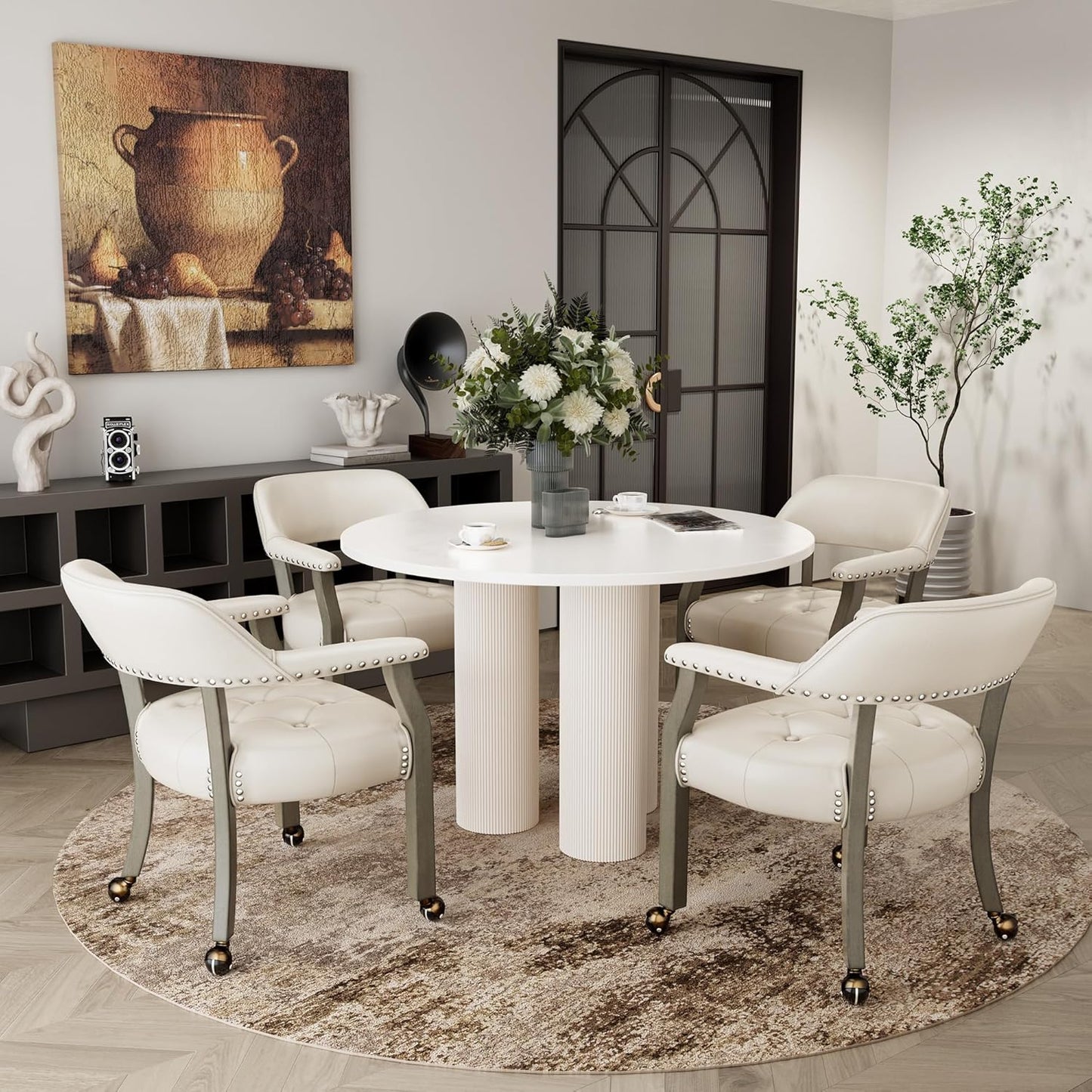 LEEMTORIG Large Dining Chairs with Casters and Arms, Rolling Dining Chairs with Wheels, Accent Game Poker Table Chairs, Solid Wood Office Chairs, 26“Dx25.2 Wx31.5“H, Grey Legs & Ivory PU SY-1318-WT