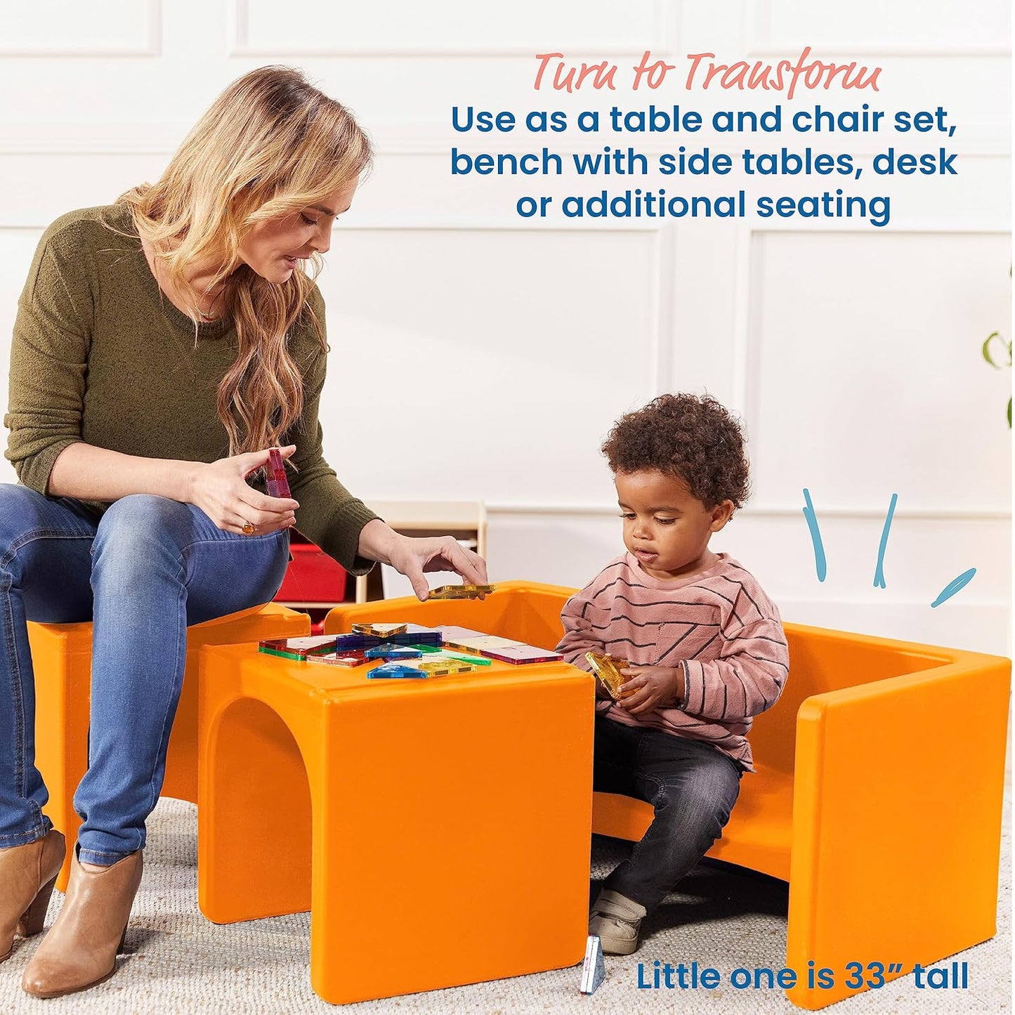 ECR4Kids Tri-Me Table and Cube Chair Set, Multipurpose Furniture, Orange, 3-Piece