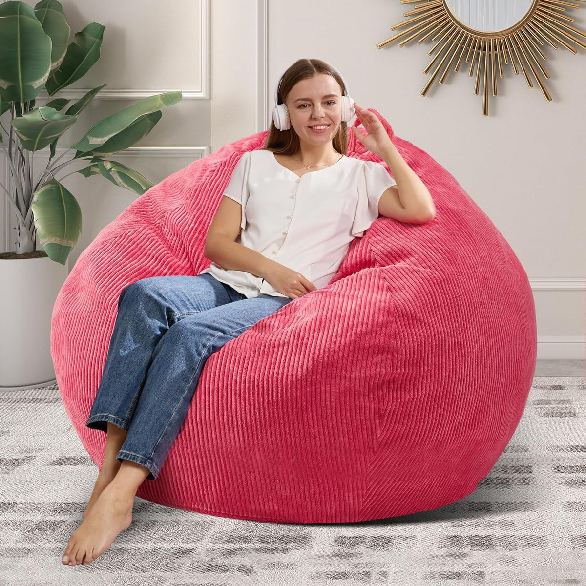 3.5FT Bean Bag Chairs Teardrop Bean Bag Chair for Adults Beanbag Chair with Memory Foam Filled Machine Washable Cover for Living Room, Bedroom (Large,Pink)