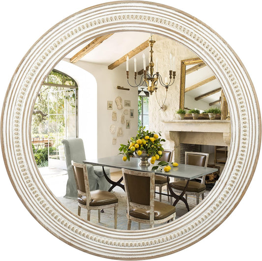 24 Inches Wood Round Mirrors for Wall Decor, Rustic Decorative Circle Mirror for Home, Office, Bedroom, Bathroom, Living Room, Entryway
