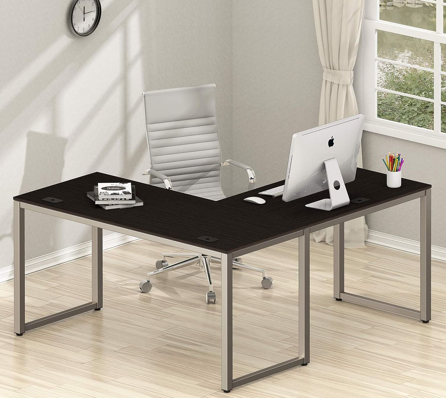 SHW 55 x 60 Inches Commercial-Grade L-Shape Corner Office Computer Desk, Espresso