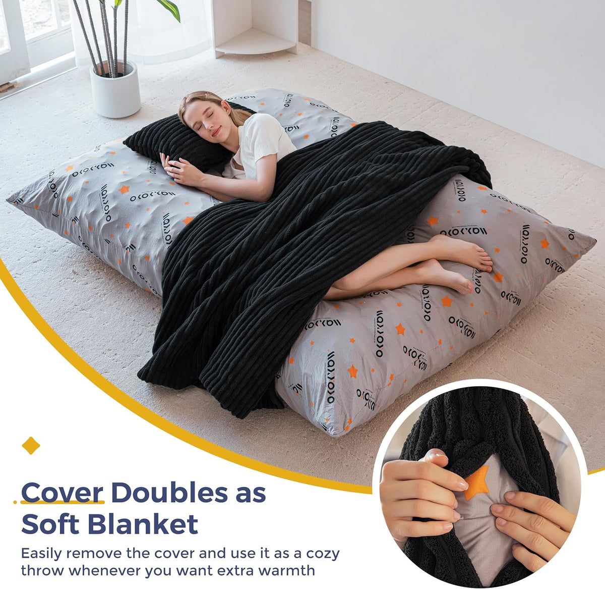 MAXYOYO Giant Bean Bag Chair with Pillow, 3 in 1 Convertible Bean Bag Chair for Adults with Washable Cover, Removable Floor Cushion Stuffed Floor Lounger for Living Room Bedroom, Black, Queen