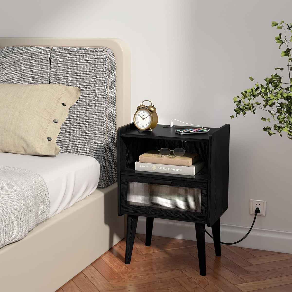 Nightstand with Charging Station, Bedside Tables with Glass Decorative Door, Black Wood Grain End Table, Side Table with 2 Tiers Storage Space for Bedroom Living Room CAMLBZ07XE