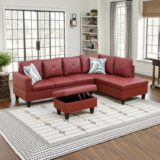 NicBex Sectional Couch 3 Pieces Sofa Set with Left Chaise Faux Leather L Shaped Cloud Couch for Living Room Furniture Sets with Storage Ottoman, Modular Sofa for Living Room & Apartment, Red
