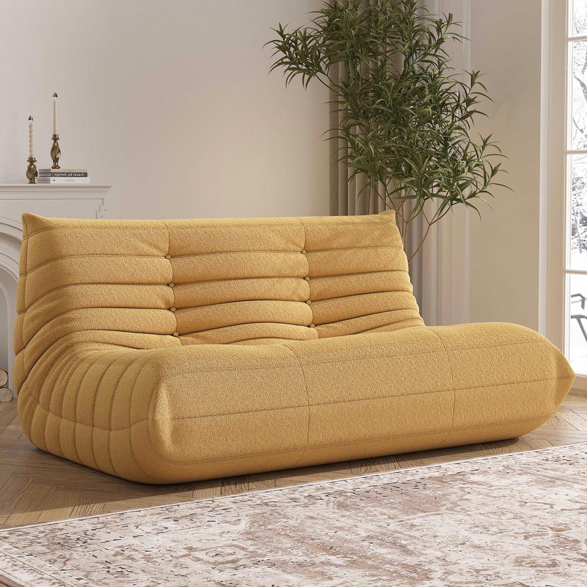 Bean Bag Chair, Loveseat Fireside Chair Bean Bag Sofa Large Bean Bag Chair for Adults, 2 Seater Bean Bag Chairs for Teens with High Density Comfortable Foam, Bean Bag for Living Room, Bedroom (Yellow)