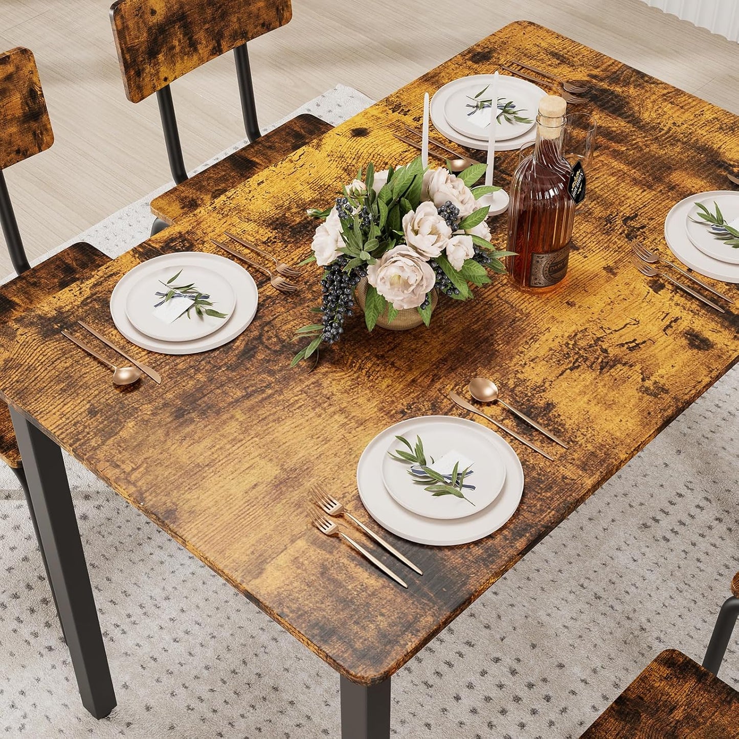 5-Piece Dining Table Set with 4 Chairs, 43" Kitchen Table Chairs Set of 4, Rectangular Dining Room Table Set with Metal Frame & MDF Board, Perfect for Small Space, Brown