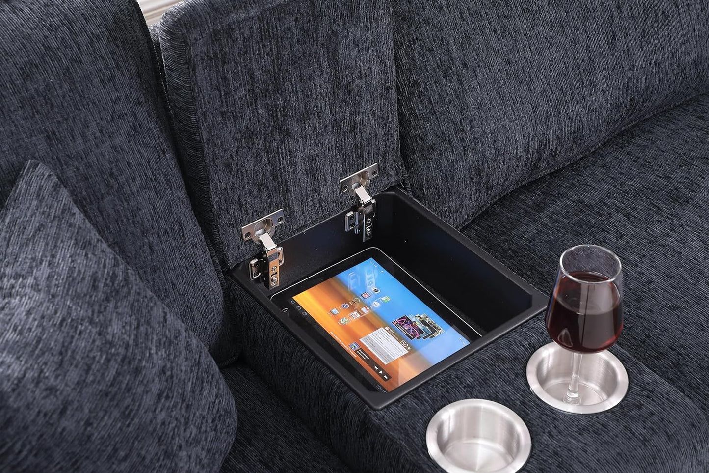 127" L-Shaped Sectional Couch with Movable Ottoman&6 Throw Pillows,7 Seat Chenille Upholstered Sofa W/2 Cup Holder,USB Port&Hidden Storage Box,DIY Combination,for Living Room,Apartment,Dark Gray