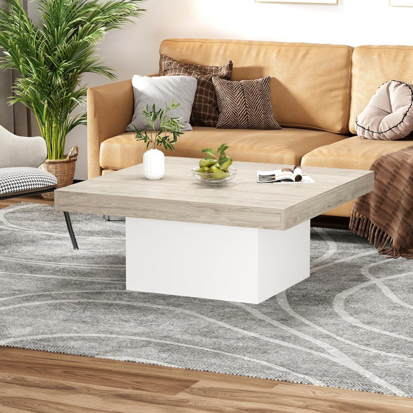 GarveeHome Square Coffee Table with Led Lights, 35 inch Living Room Tables, Modern Coffee Tables with Plug-in 16-Color LED Lights, Cocktail Table for Home Office, Apartment, Reading Room