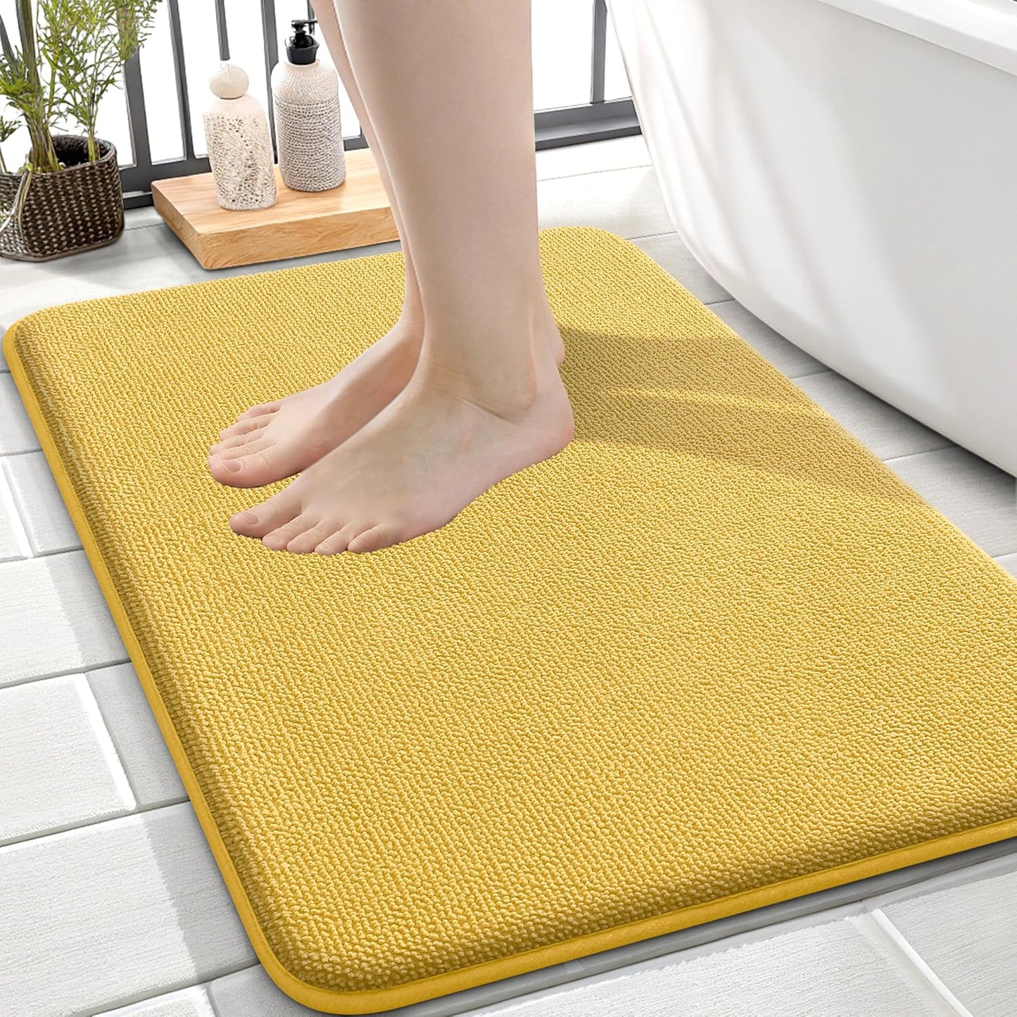 OLANLY Thick Memory Foam Bath Mat Rug 24x16, Extra Soft Absorbent Bathroom Rug, Quick Dry Bath Mats, Non-Slip, Machine Washable Carpet for Bathroom, Tub and Shower, Home Decor Accessories, Yellow