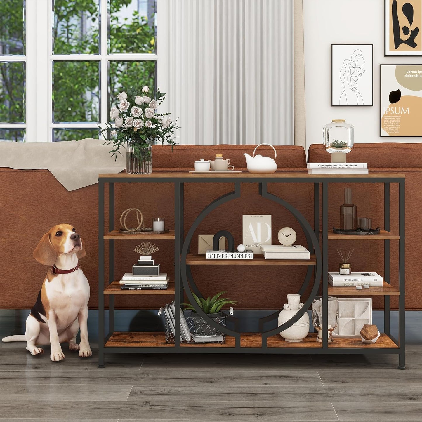 GiftGo 47" Industrial Console Tables for Entryway Rustic Sofa Table Behind Couch 4 Tier Wooden Shelves Entry Table with Storage for Foyer, Hallway, Front Door,Living Room (Rustic Brown, 47")