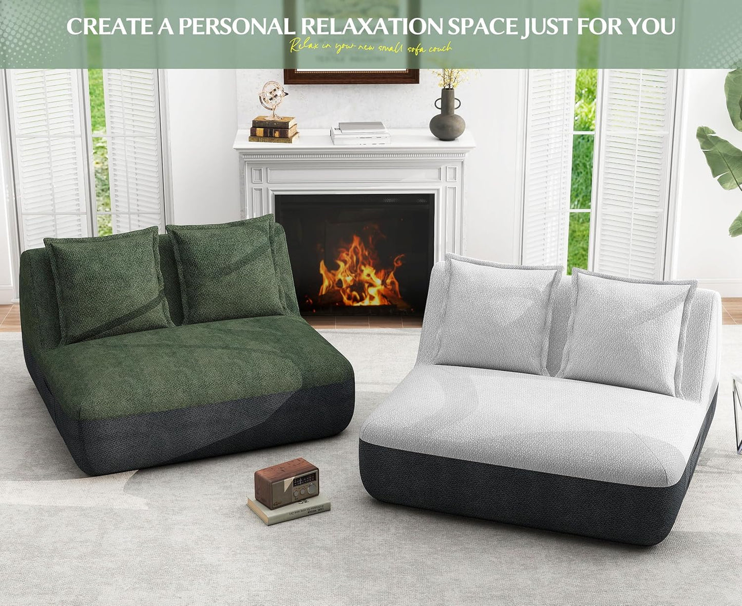 Hobestluk Small Sofa Small Couches for Living Room, Comfy Memory Foam Couch, Mini Sofa with Side Pocket for Living Room, Bedroom (Grey+Green)