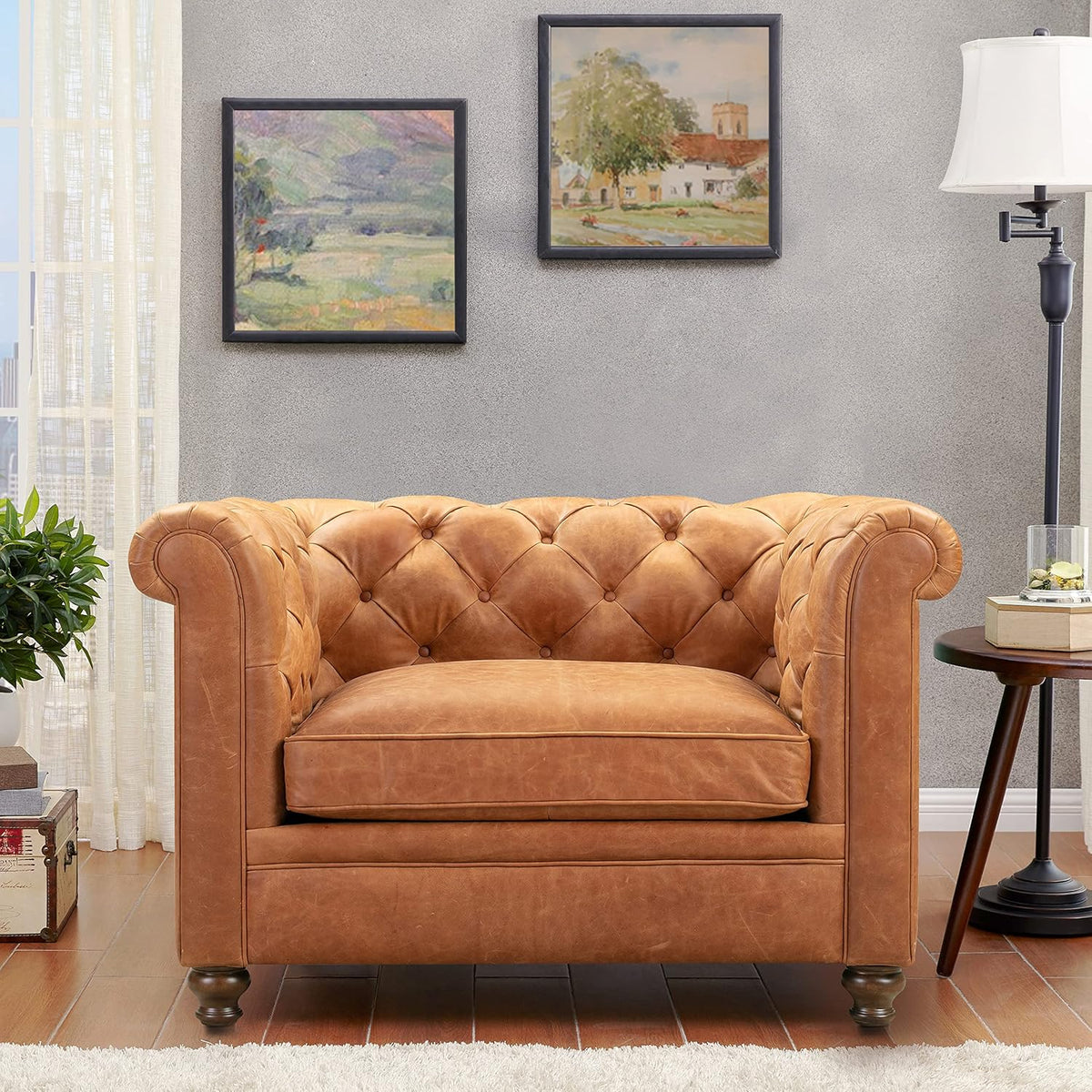 POLY & BARK Lyon Leather Lounge Chair – Cognac Tan Full-Grain Leather Upholstery – Modern Upholstered Accent Chair for Living Room or Bedroom – Indoor Lounge Seating with Lasting Comfort
