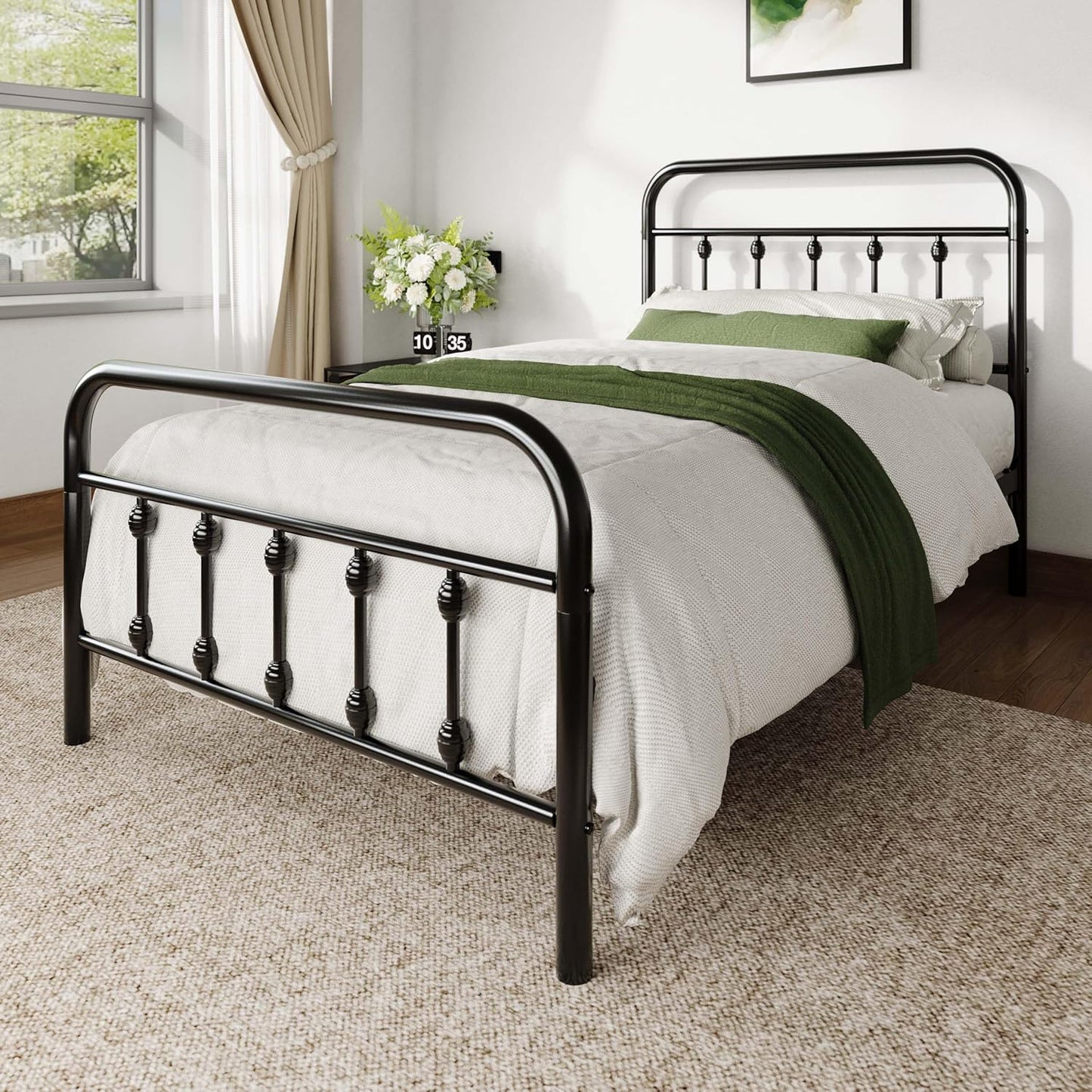 Allewie 14 Inches Twin Size Metal Platform Bed Frame with Victorian Style Iron-Art Headboard/Footboard, Mattress Foundation, Easy Assembly, Under Bed Storage, No Box Spring Required, Black
