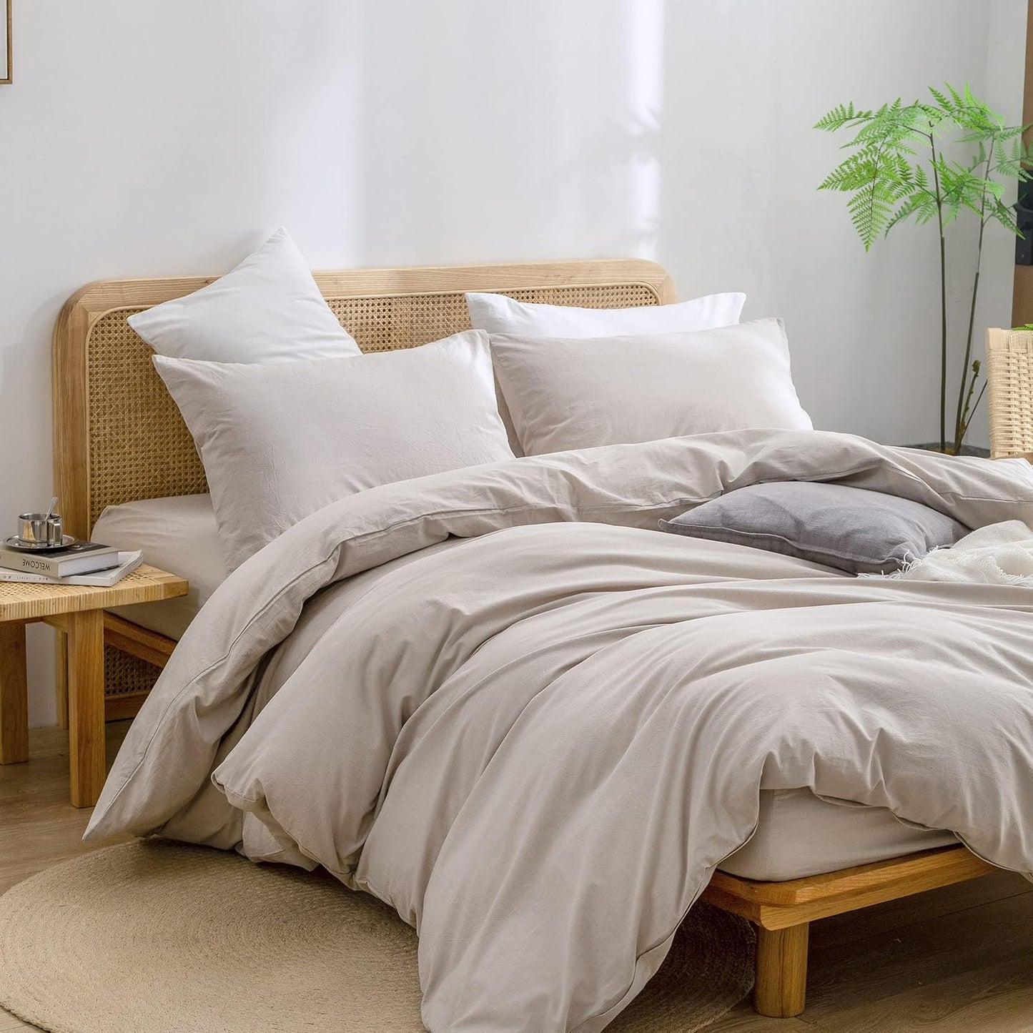 BESTOUCH Duvet Cover Set 100% Washed Cotton Linen Feel Super Soft Comfortable Chic Lightweight 3 PCs Home Bedding Set Solid Linen Grey Oversized Full