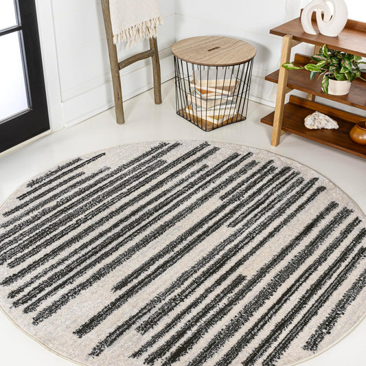 JONATHAN Y Khalil Modern Berber Stripe Cream/Black 7' Round Indoor Area Rug, Contemporary, Bohemian, Easy-Cleaning for Living Room, Bedroom, Kitchen, Pet Friendly, Non-Shedding (MOH207A-7R)