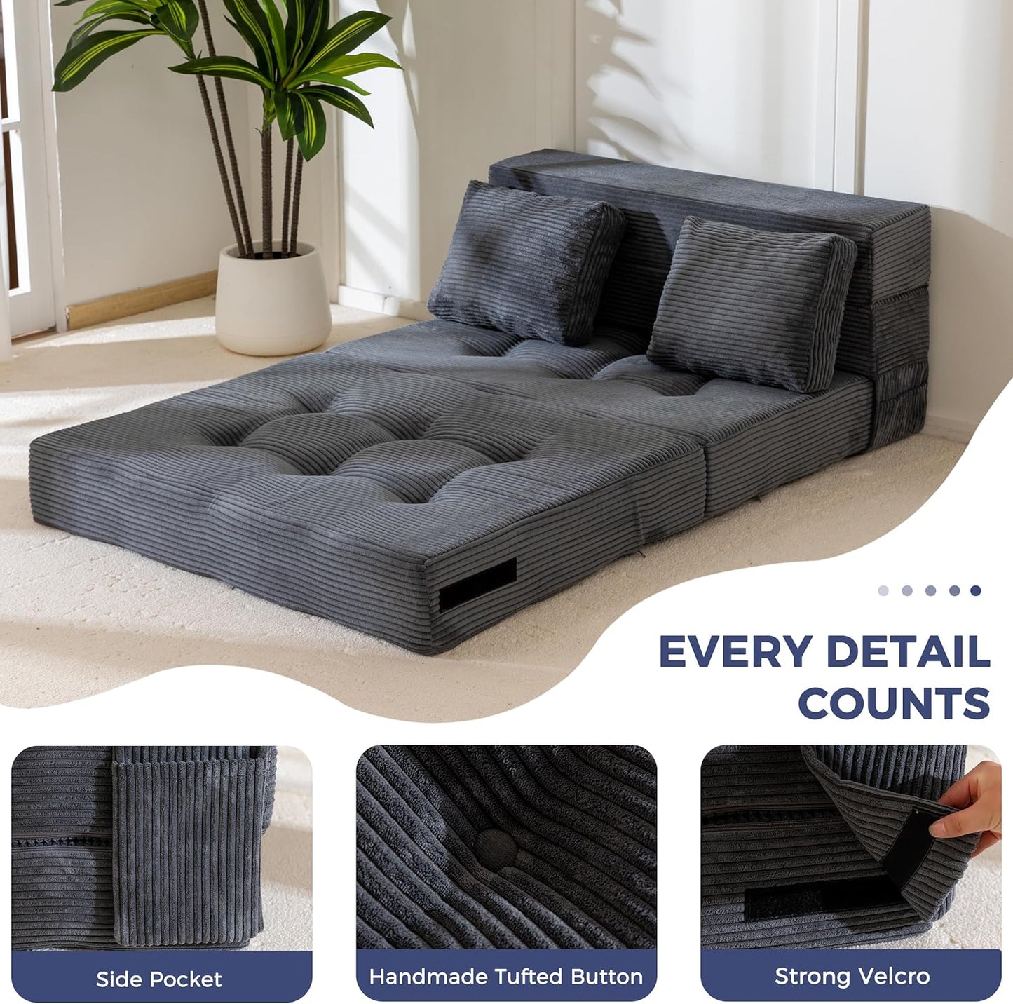 MAXYOYO Convertible Sofa Bed, Fold Out Sleeper Sofa with Pillow, 4 in 1 Tufted Folding Couch Bed Foam Floor Couch, Lazy Chair for Living Room Bedroom Guest Room, Dark Grey