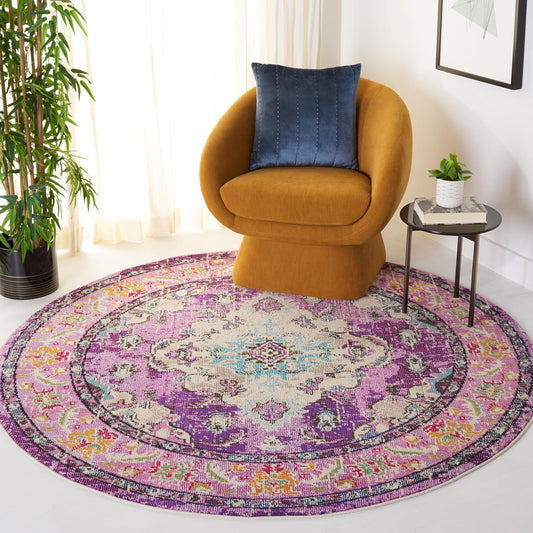SAFAVIEH Monaco Collection Area Rug - 8'8" Round, Violet & Light Blue, Boho Chic Medallion Distressed Design, Non-Shedding & Easy Care, Ideal for High Traffic Areas in Living Room, Bedroom (MNC243L)