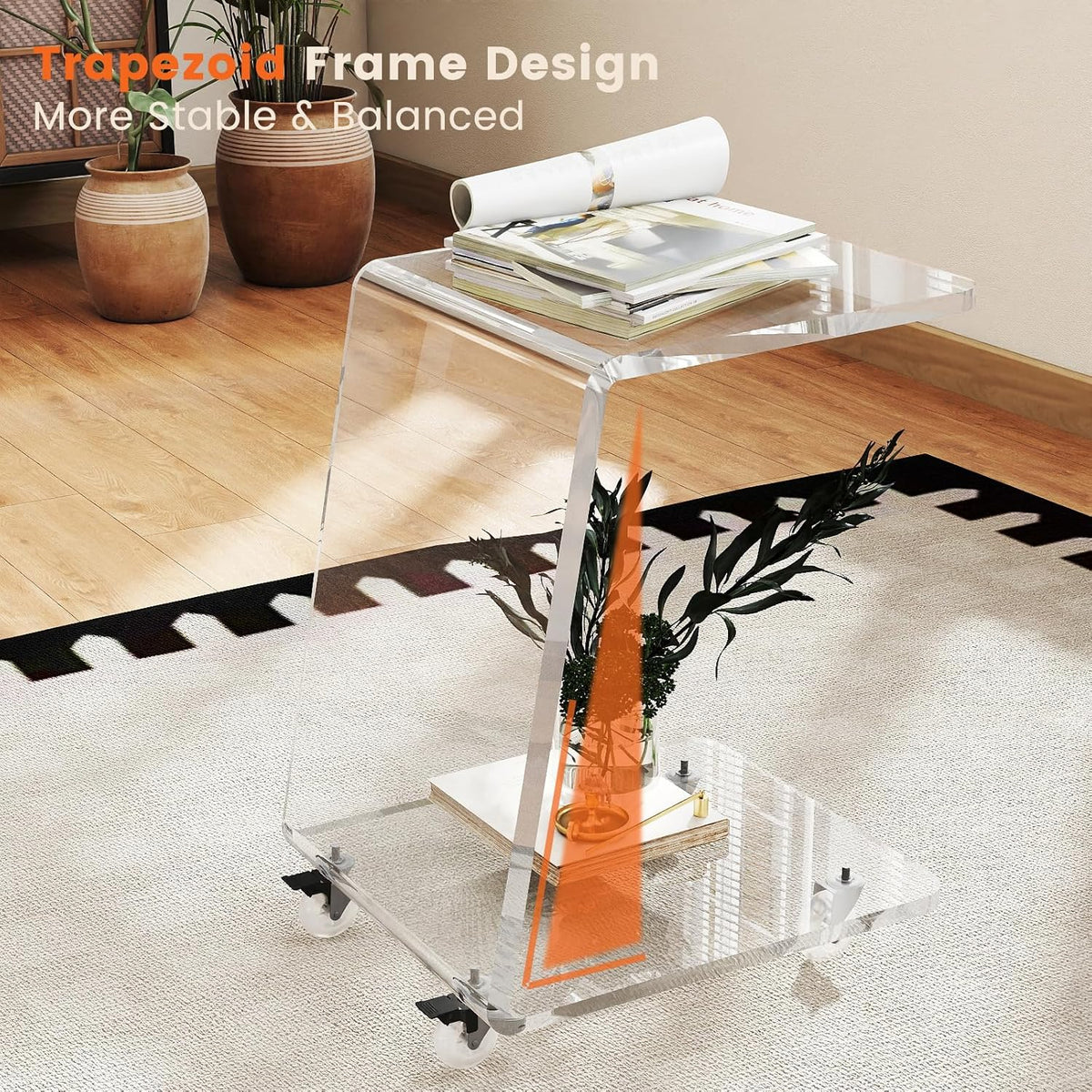 2-Pack Clear Acrylic C Shaped Side Table with Wheels, Modern End Tables for Sofa, Couch, and Bed – 15mm Thick Durable Acrylic Small Snack Laptop Tables for Living Room & Bedroom