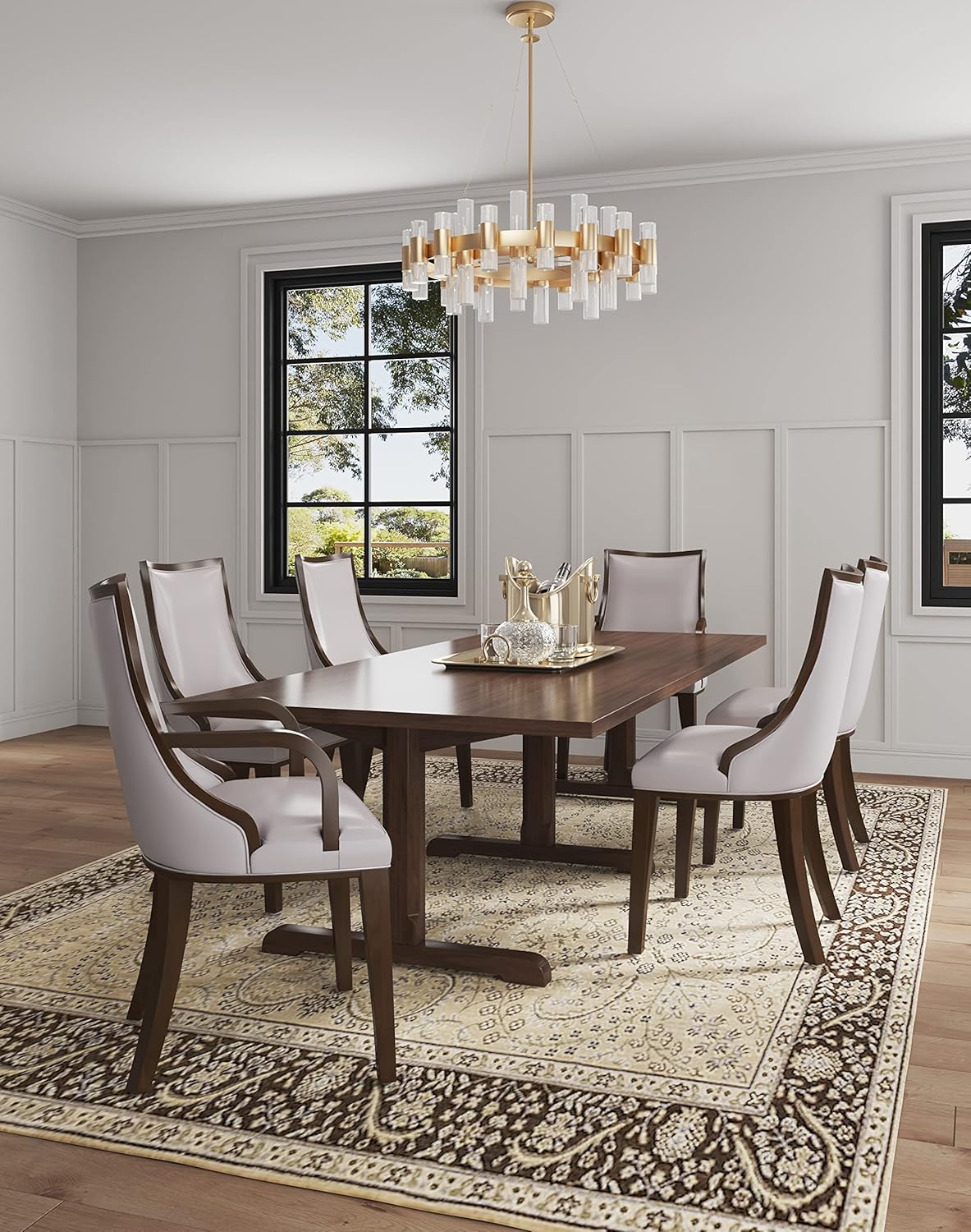 Manhattan Comfort Grand Faux Leather Dining Chairs with Arms, Padded Wingback Seat, Fine Rectangular Stitching and Solid Wood Frame, Set of 2, Light Grey