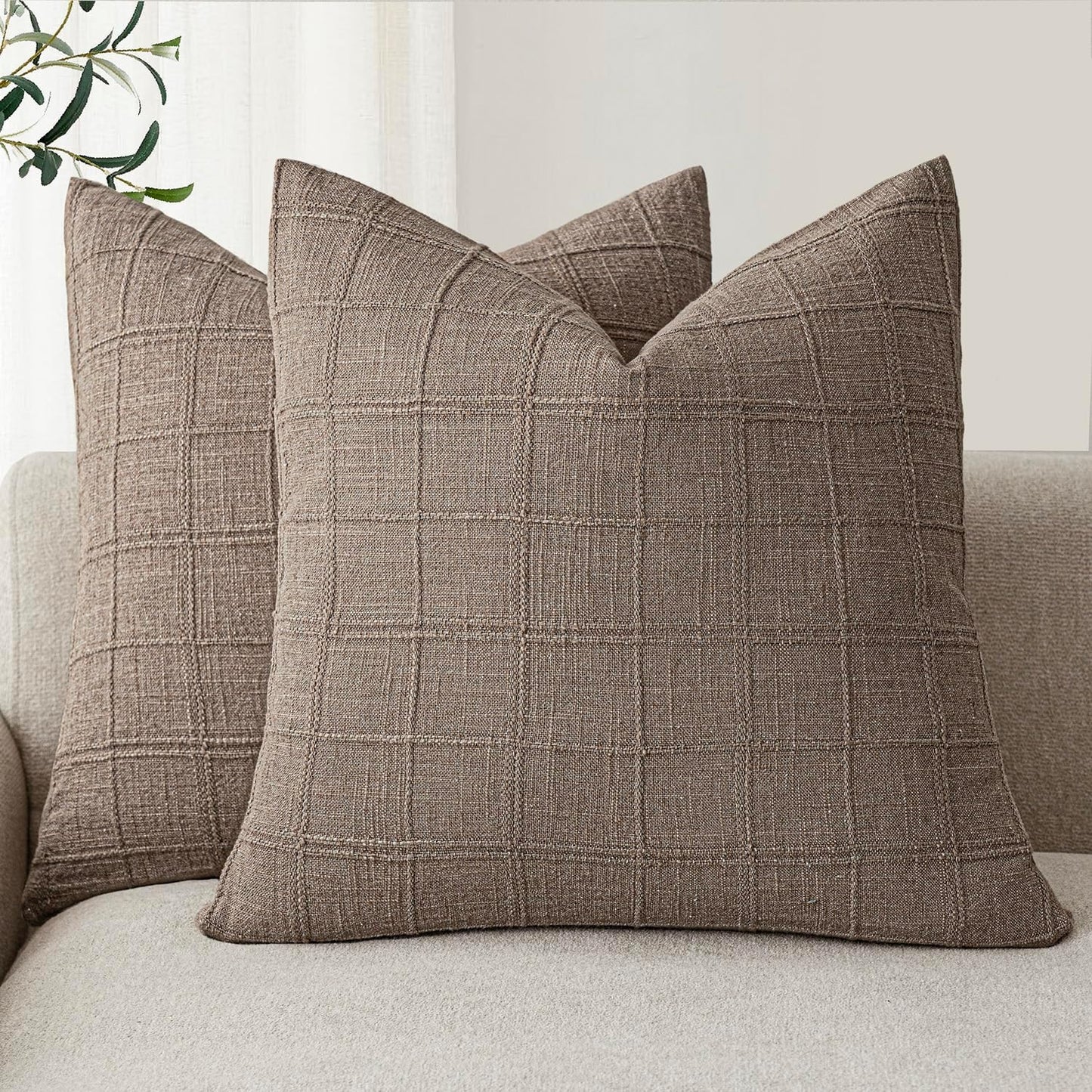 Foindtower Set of 2 Decorative Linen Check Throw Pillow Covers Neutral Farmhouse Vintage Cushion Covers Modern Boho Home Decor for Sofa Chair Couch Bedroom Living Room Outdoor,16×16 Inch,Tan Taupe
