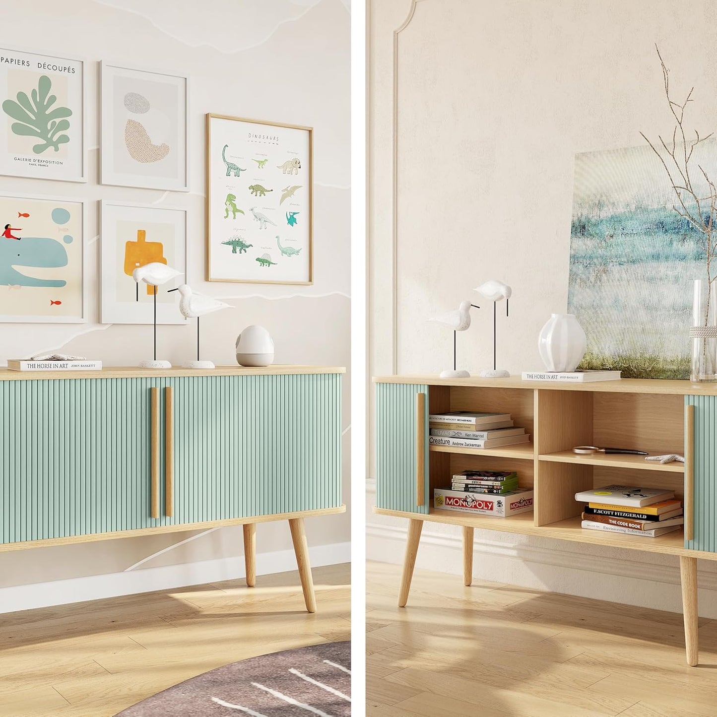 WERMO 53'' Blue Cabinet with Doors and Shelves - Credenza, Modern Media Console Table with Storage, Blue Sideboard Storage Accent Cabinet for Living Room, Office, Entryway and Bedroom (Oak)