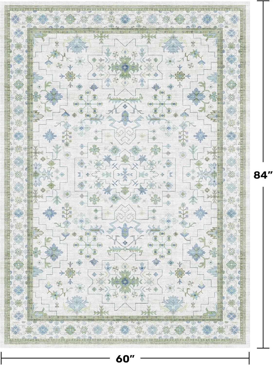 Oushak Area Rug for Bedroom 5x7 - Blue and Green Vintage Boho Floral Geometric, Washable Low Pile Non Slip Area Rugs for Nursery Room, Foyer, Cozy Aesthetic Room Decor