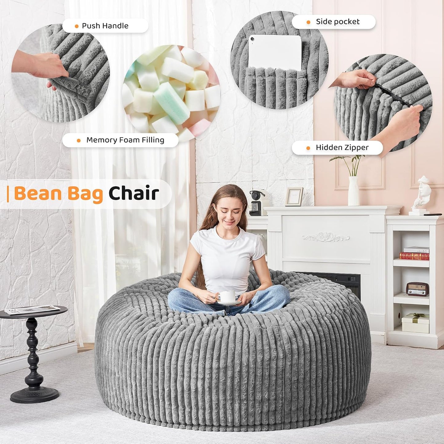 HABUTWAY 4FT Bean Bag Chair, 4' Large Bean Bag Chairs for Adults with Removable Stripe Plush Cover, Memory Foam Beanbag Chair for Living Room Bedroom Dorm (Grey)