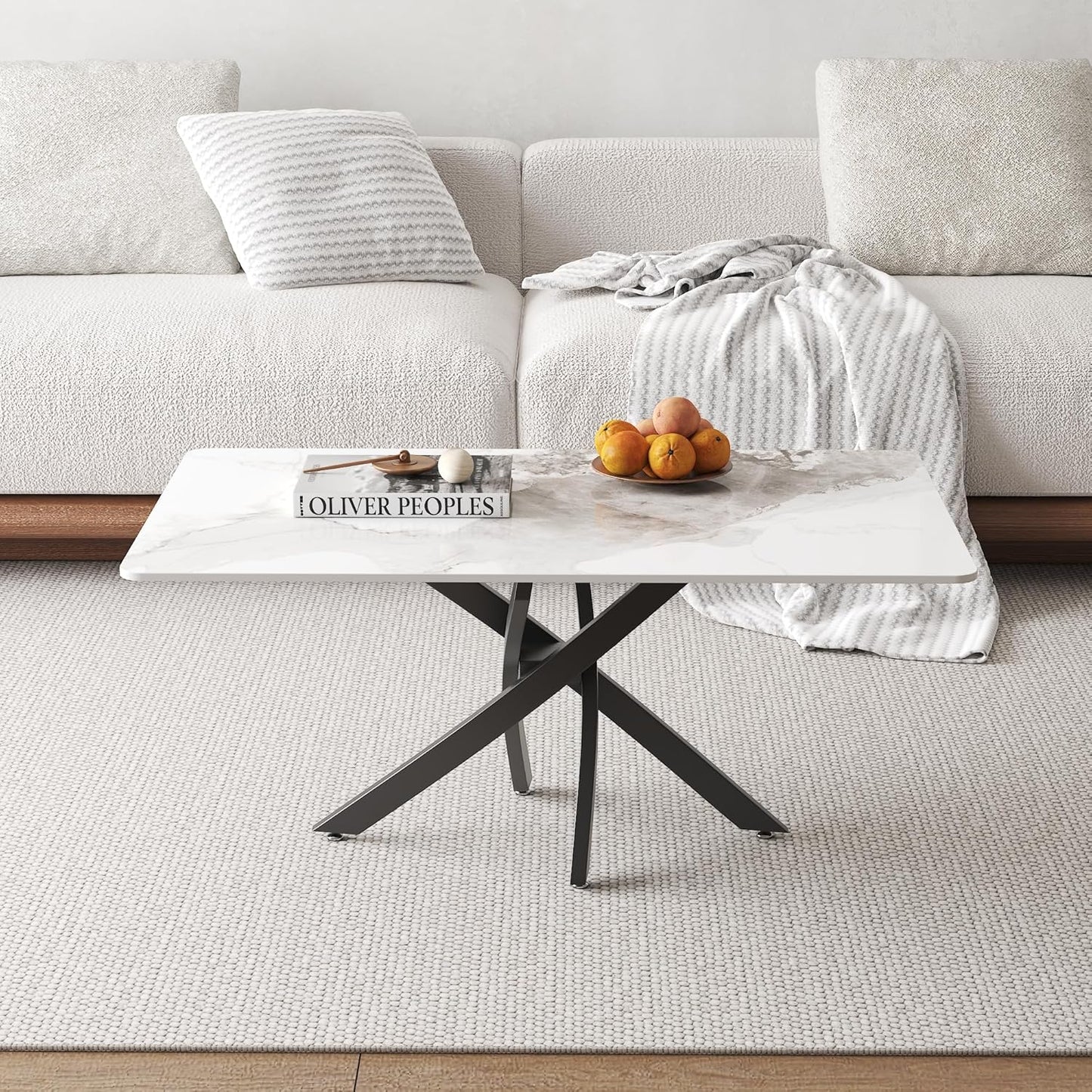 White Marble Coffee Table with Metal Legs, Rectangle Modern Sintered Stone Living Room Table for Home Office Living Room (40” x 20” x 17”)