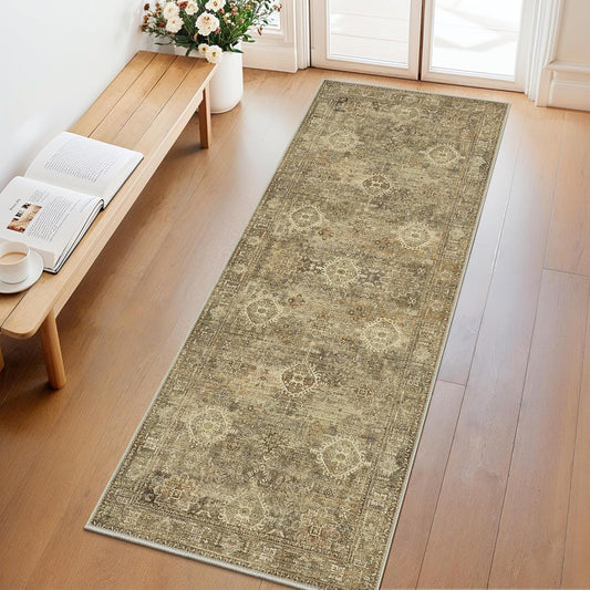 GENIMO 2X5 Hallway Runner Rug, Machine Washable Non Slip Vintage Floral Patchwork Runners, Thin Low Pile Chenille Carpet Runners for Entryway, Kitchen, Bathroom, Bedroom, Straw