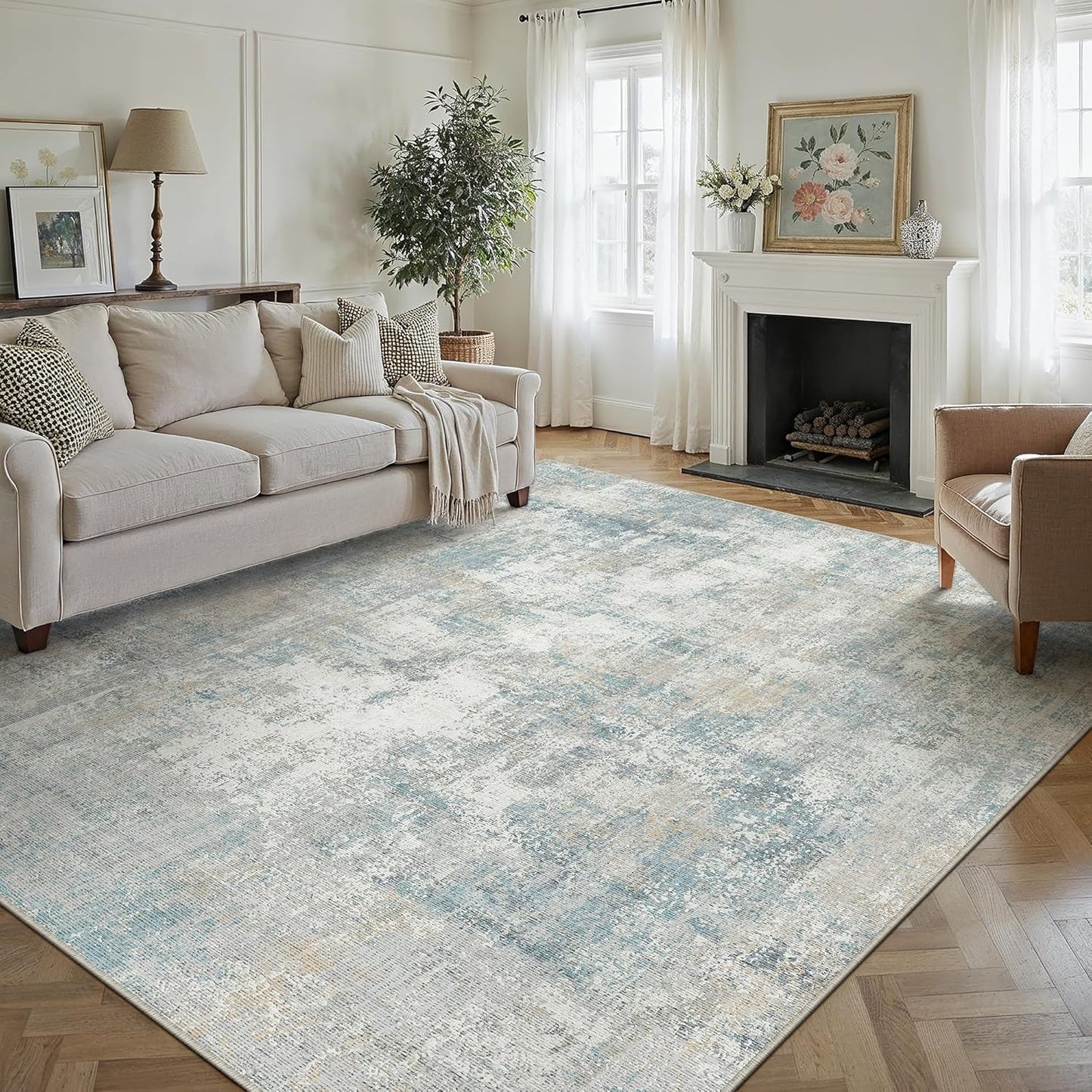 8x10 Washable Area Rug Blue Cream Modern Neutral Abstract Living Room Bedroom Indoor Floor Carpet Low Pile Soft Non-Slip Lightweight Vacuumable Large Throw Rug for Nursery Dining Room