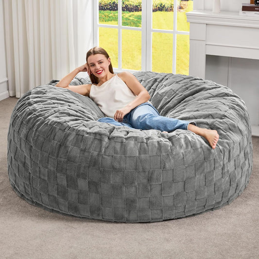 Hobestluk Bean Bag Chairs Beanbag Chair with Filler Adult Bean Bags with Fluffy Plaid Cover, Giant Bean Bag Chairs for Adults for Living Room, Bedroom (Grey, 5FT - 50” x 50” x 24”)