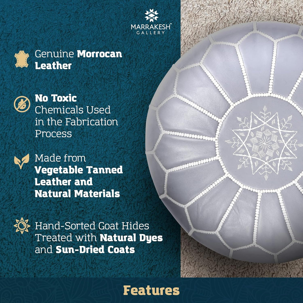 Marrakesh Gallery Genuine Leather Round Pouf Unstuffed - Moroccan Ottoman Footstool, Footrest Cover - Boho Decor - Bohemian Living Room, Bedroom, Kids Room, Gift & Wedding
