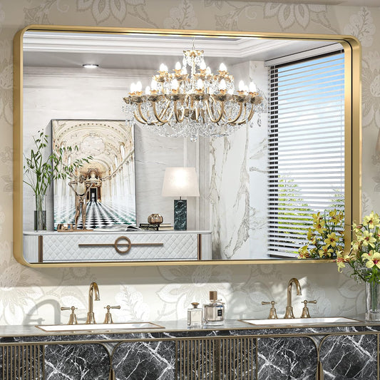 TokeShimi 55 x 36 Inch Brushed Gold Bathroom Mirror for Wall Vanity Mirror with Non-Rusting Aluminum Alloy Metal Frame for Modern Minimalist Farmhouse Home Decor (Horizontal/Vertical)
