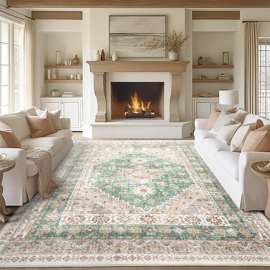 zesthome 8x10 Area Rugs for Living Room,Non-Slip Backing Washable Rugs,Vintage Large Area Rug，Stain Resistant Home Decor Rug (Green/Brown,8'x10')