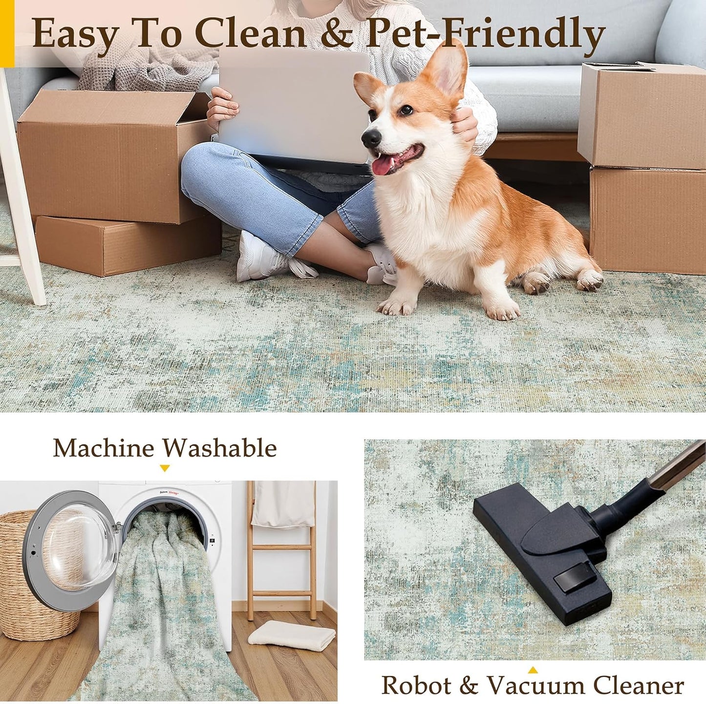 6x9 Washable Area Rug Teal Beige Modern Neutral Abstract Living Room Bedroom Indoor Floor Carpet Low Pile Soft Non-Slip Lightweight Vacuumable Throw Rug for Nursery Dining Room Office