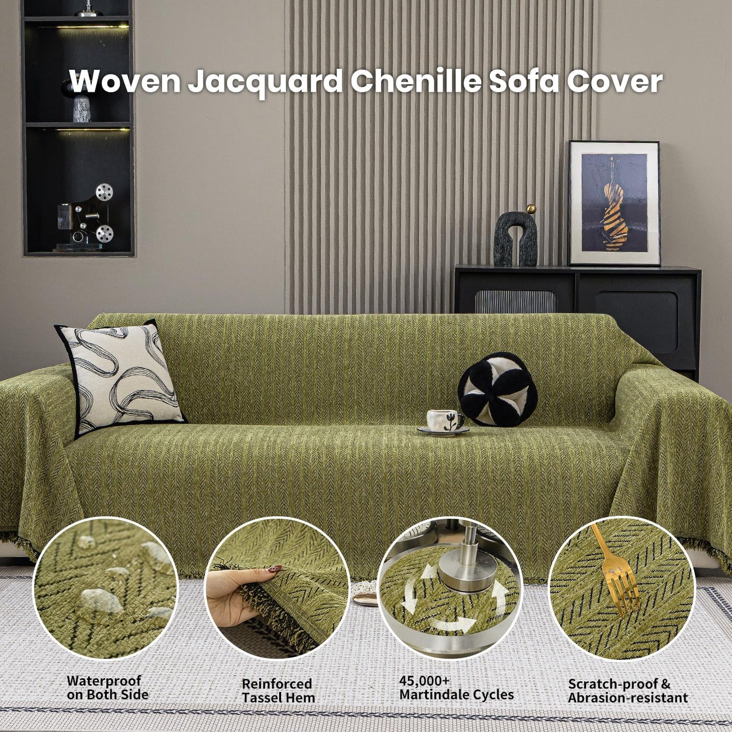 Nobildonna Sofa Cover Washable Soft Thicken Chenille Couch Cover with Tassel,Waterproof Sofa Slipcover for 3-4 Cushion Couch,Sectional Sofa,L-Shaped Furniture Protector Pet-Friendly,Green 71"x150"