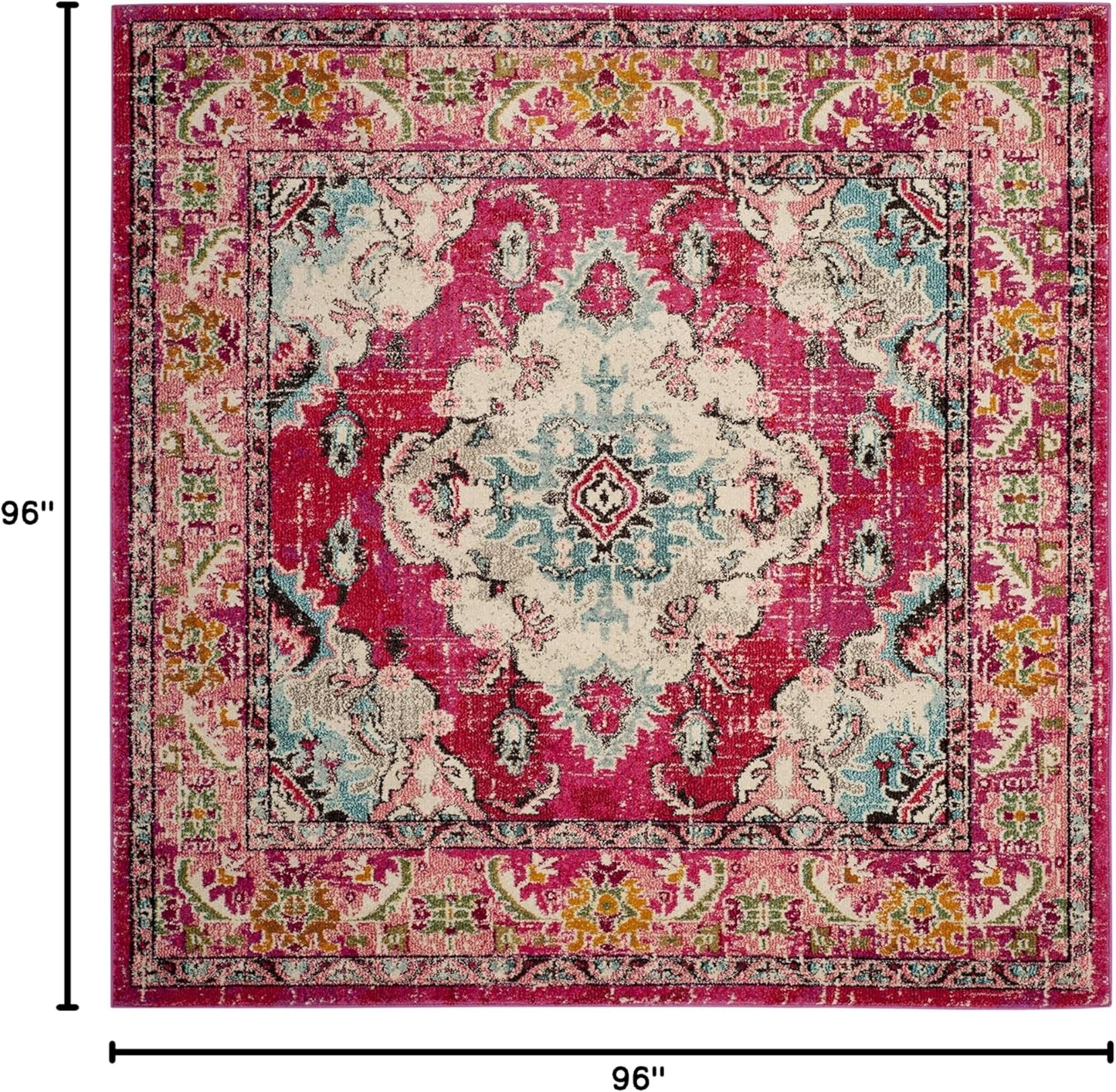 SAFAVIEH Monaco Collection Area Rug - 8' Square, Pink & Multi, Boho Chic Medallion Distressed Design, Non-Shedding & Easy Care, Ideal for High Traffic Areas in Living Room, Bedroom (MNC243D)